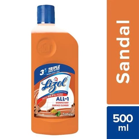 Lizol Disinfectant Surface & Floor Cleaner Liquid, Sandal - 500 ml Suitable for All Floor Cleaner Mops Kills 99.9% Germs - 500ml