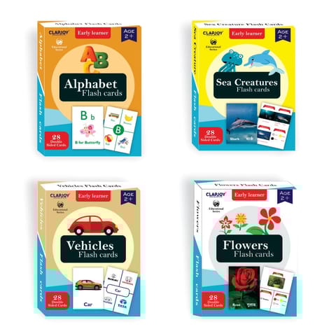 Clapjoy Double Sided Flash Cards for Kids, Age 2-6 Years Old Educational Learning (Z4-Alphabet,Sea Creature,Vehicles & Flowers)