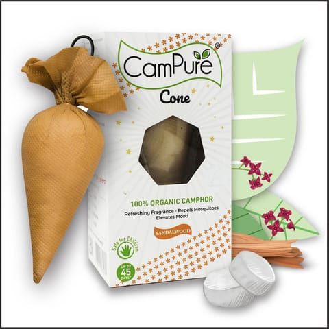 CamPure Camphor Cone Sandalwood Air Freshener For Car, Wardrobe, Office Cabin, Drawers, Travel Bag & Bathroom 60g