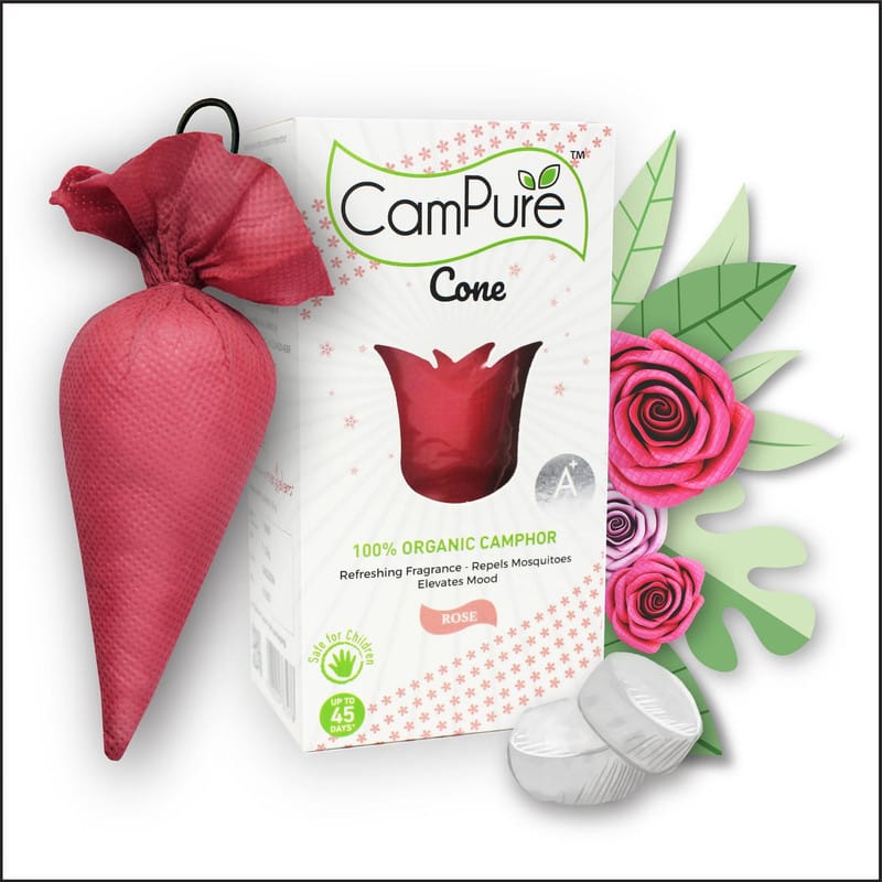 CamPure Camphor Cone Rose Air Freshener For Car, Wardrobe, Office Cabin, Drawers, Travel Bag & Bathroom 60g