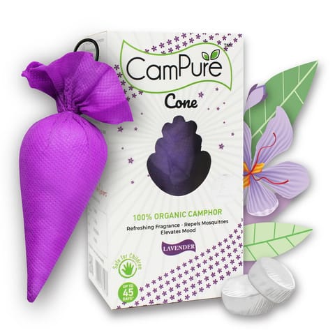 CamPure Camphor Cone Lavender Air Freshener For Car, Wardrobe, Office Cabin, Drawers, Travel Bag & Bathroom 60g