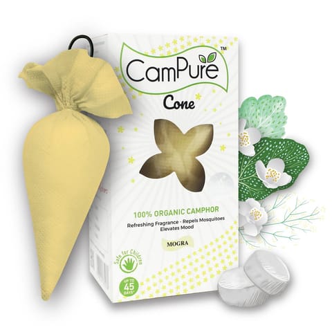 CamPure Camphor Cone Mogra Air Freshener For Car, Wardrobe, Office Cabin, Drawers, Travel Bag & Bathroom 60g