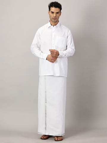 Men's Full Sleeve Shirt Cotton & Dhoti Silver Zari - Combo Set White