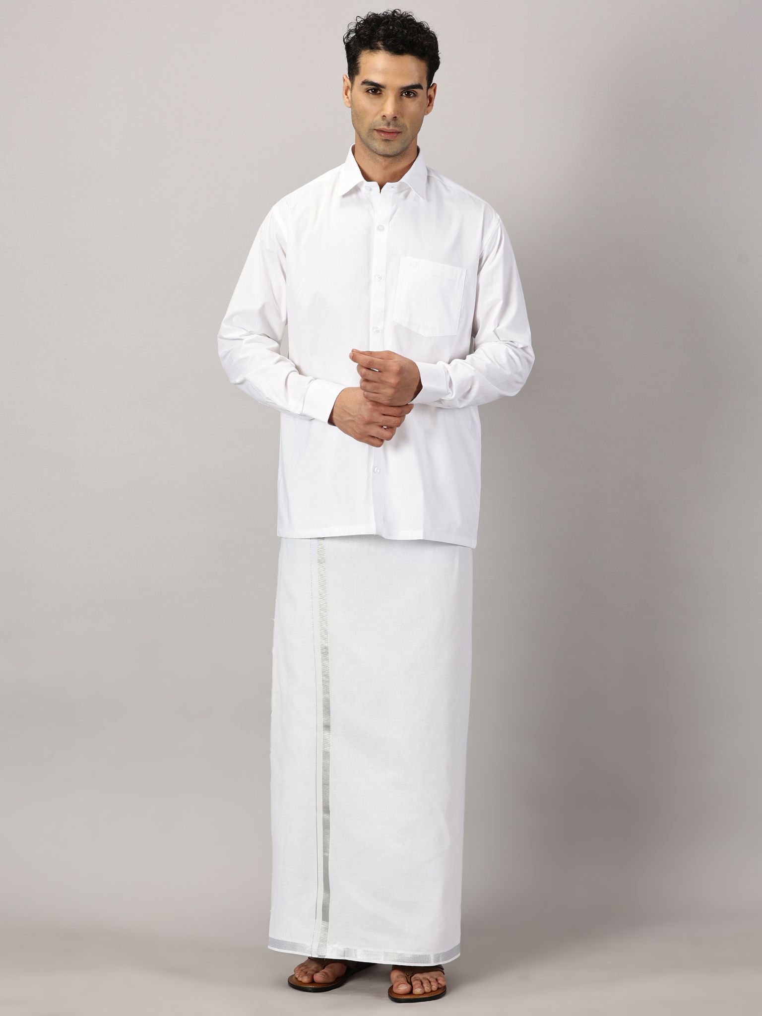 Men's Full Sleeve Shirt Cotton & Dhoti Silver Zari - Combo Set White