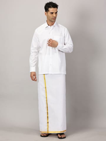 Men's Full Sleeve Shirt Cotton & Dhoti Gold Zari - Combo Set White