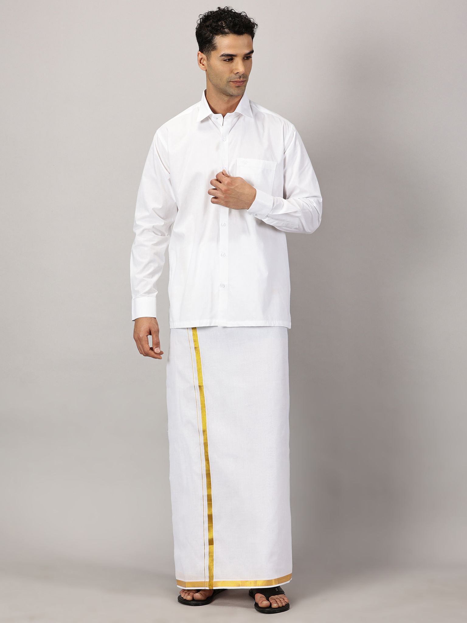 Men's Full Sleeve Shirt Cotton & Dhoti Gold Zari - Combo Set White