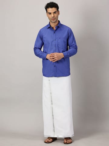 Men's Full Sleeve Shirt Cotton & Dhoti Silver Zari - Combo Set Cobalt