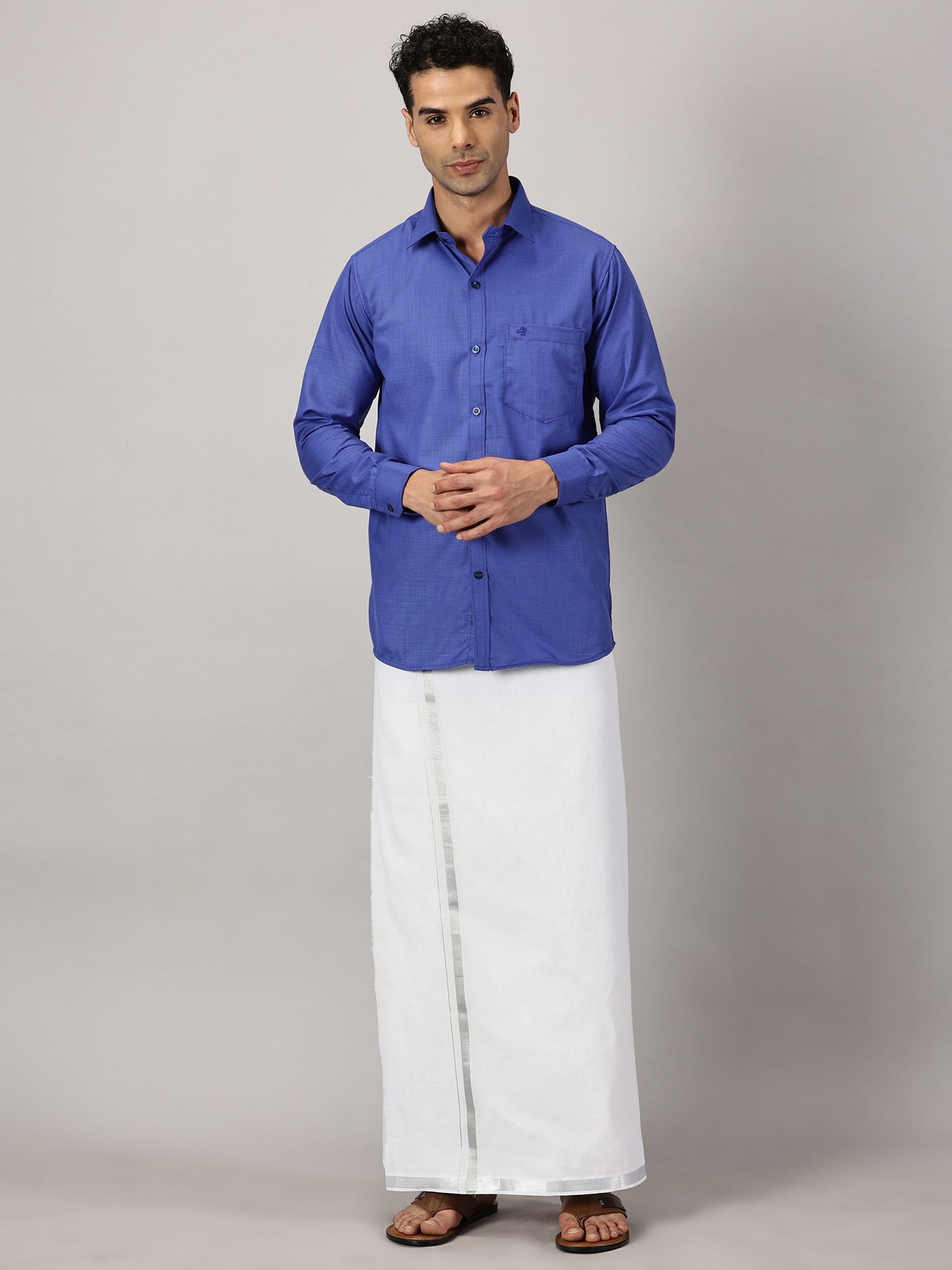 Men's Full Sleeve Shirt Cotton & Dhoti Silver Zari - Combo Set Cobalt