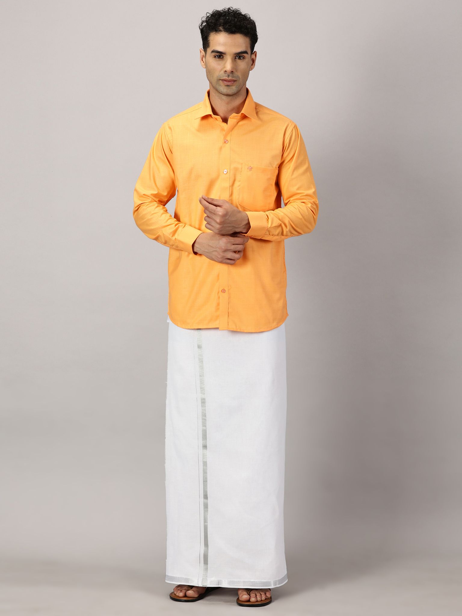 Men's Full Sleeve Shirt Cotton & Dhoti Silver Zari - Combo Set Saffron