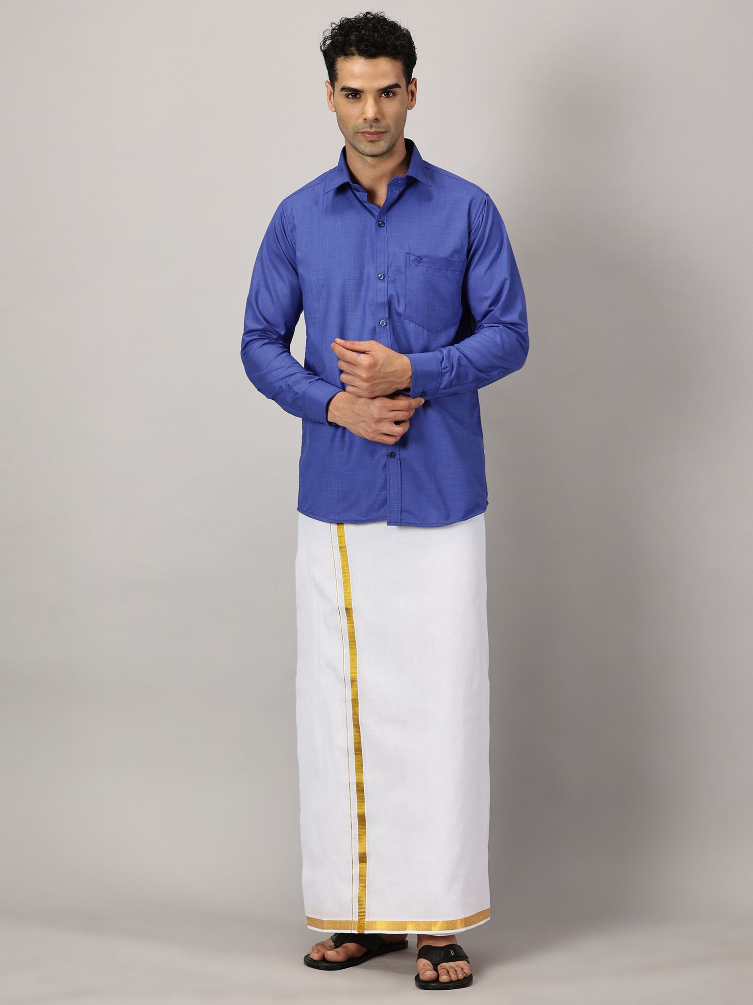 Men's Full Sleeve Shirt Cotton & Dhoti Gold Zari - Combo Set Cobalt