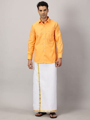Men's Full Sleeve Shirt Cotton & Dhoti Gold Zari - Combo Set Saffron