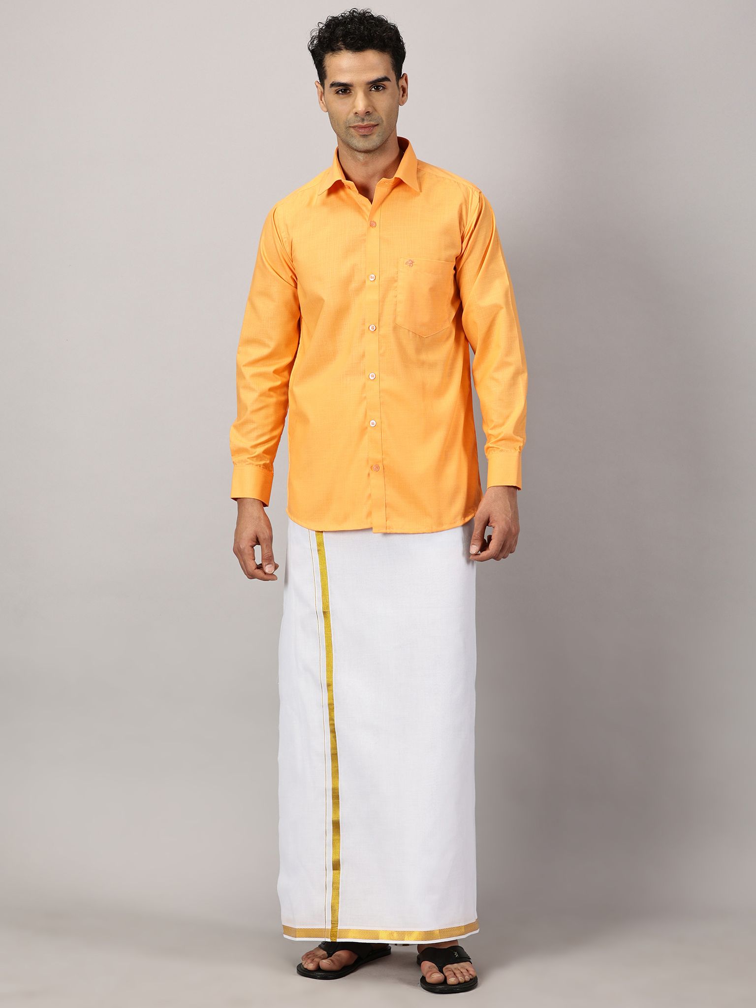 Men's Full Sleeve Shirt Cotton & Dhoti Gold Zari - Combo Set Saffron