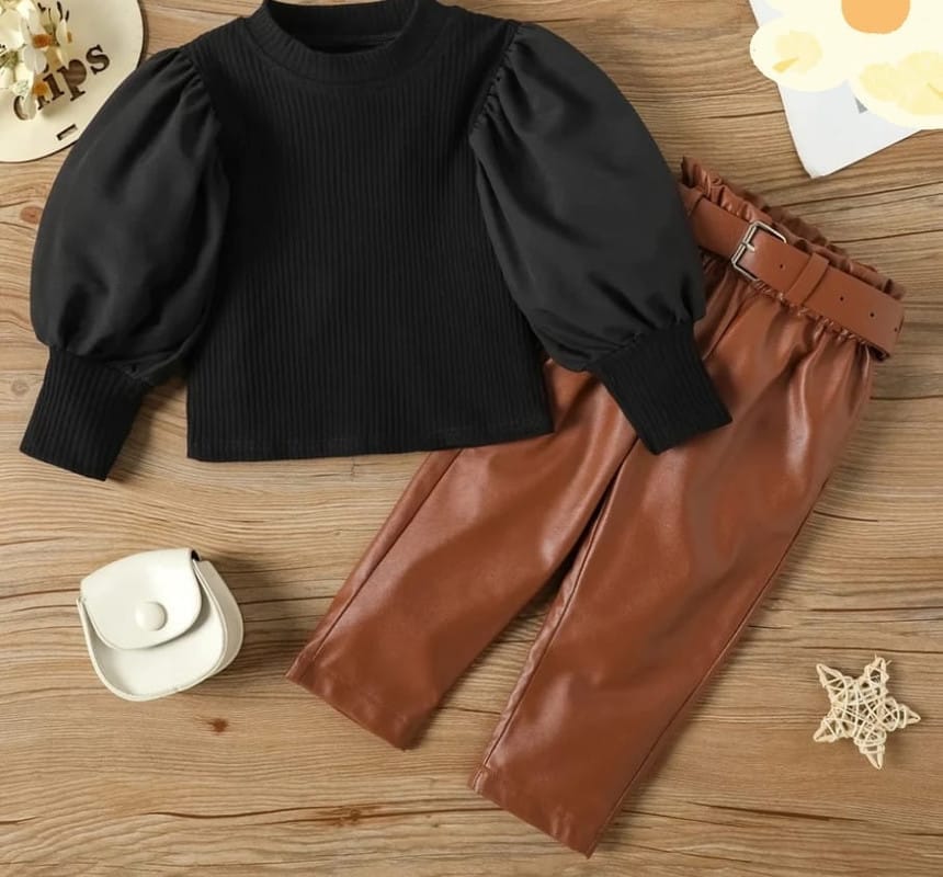 Girls Beautiful Set Solid Knitted Top With PU Pant