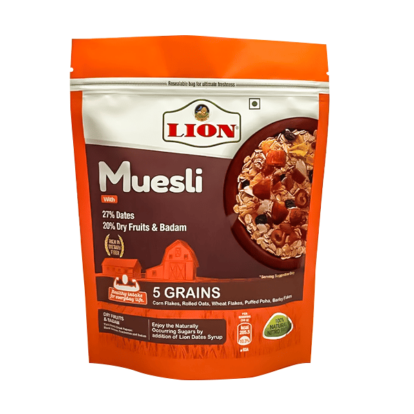 Lion Muesli with the goodness of dates five different grains dry fruits 250g