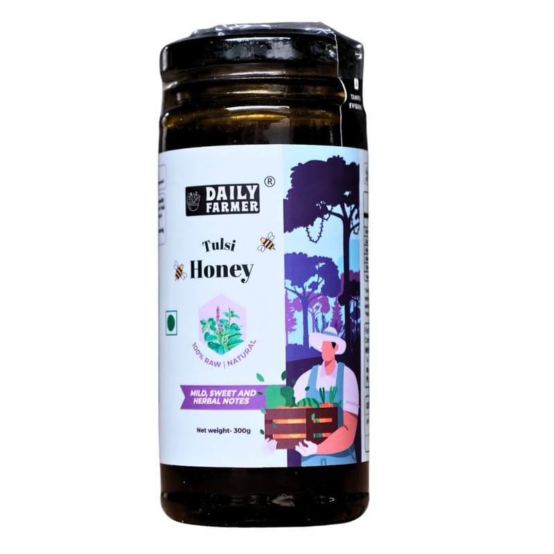 Daily Farmer Tulsi Honey 100% Raw, Pure and Natural, NMR tested, Unprocessed and Un-Pasteurised, Immunity Booster, Sugar- Free - 300g