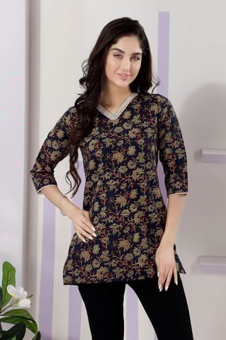 Navy Blue Short Kurti With V-Neck And Lace Features By Bloomkart