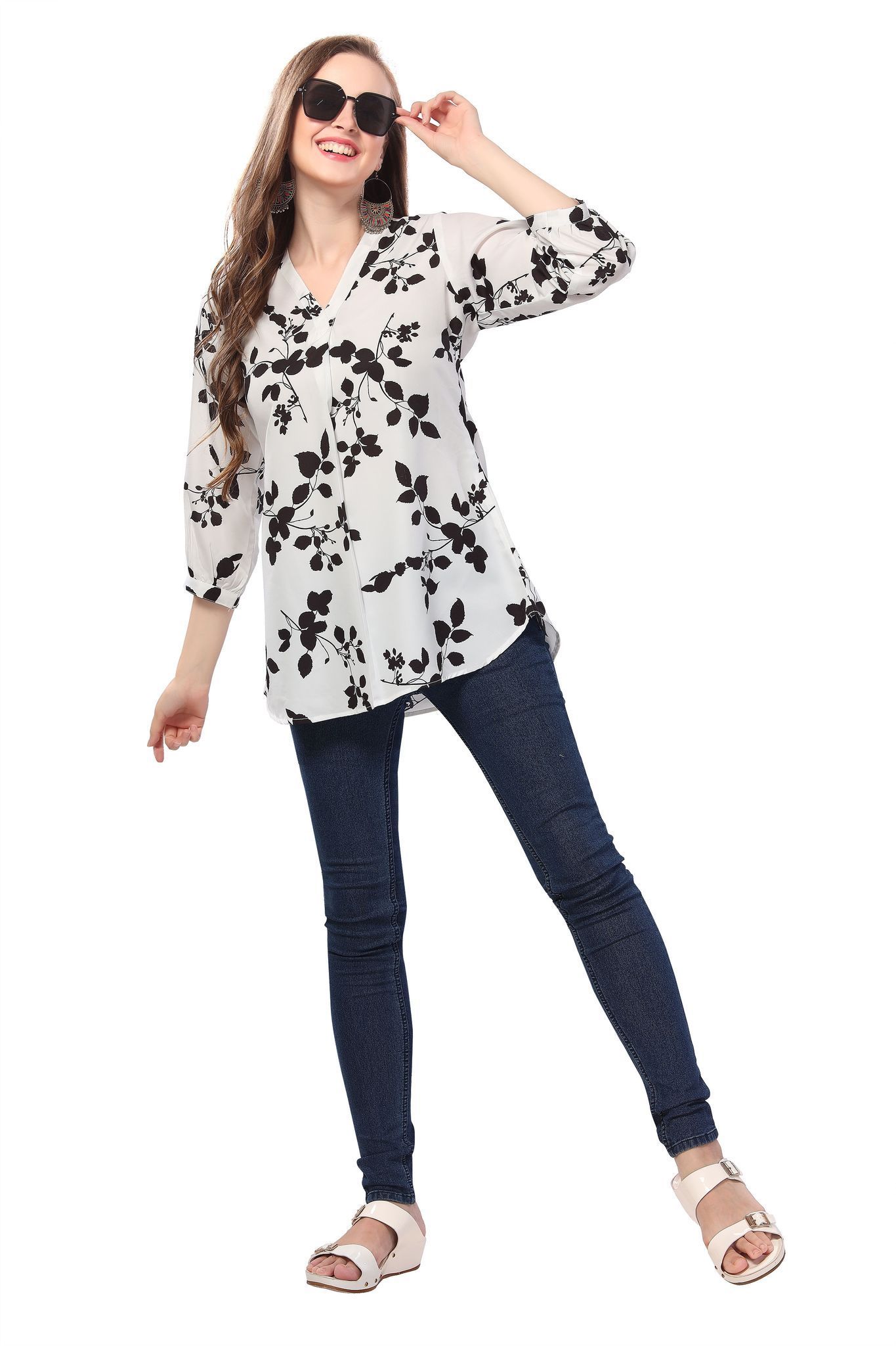 Chic Contrast Faux Crepe Tunic With Stylish Black N White Print By Bloomkart