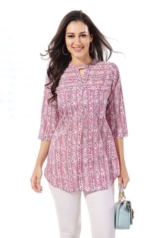 Pink Poly Crepe Short Tunic Top For Everyday Wear By Bloomkart