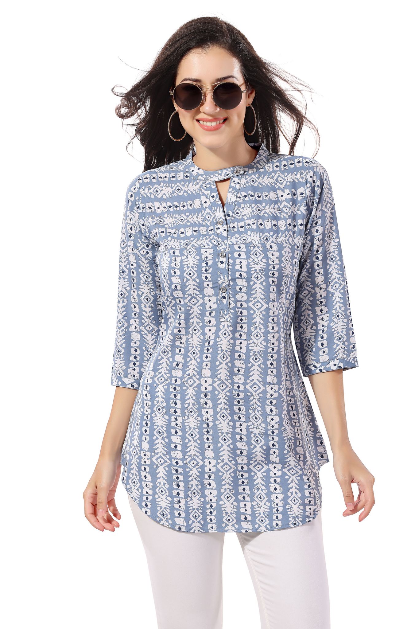 Blue Poly Crepe Short Tunic Top For Everyday Wear By Bloomkart