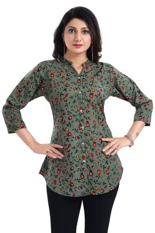 Green Poly Crepe Short Tunic Top By Bloomkart