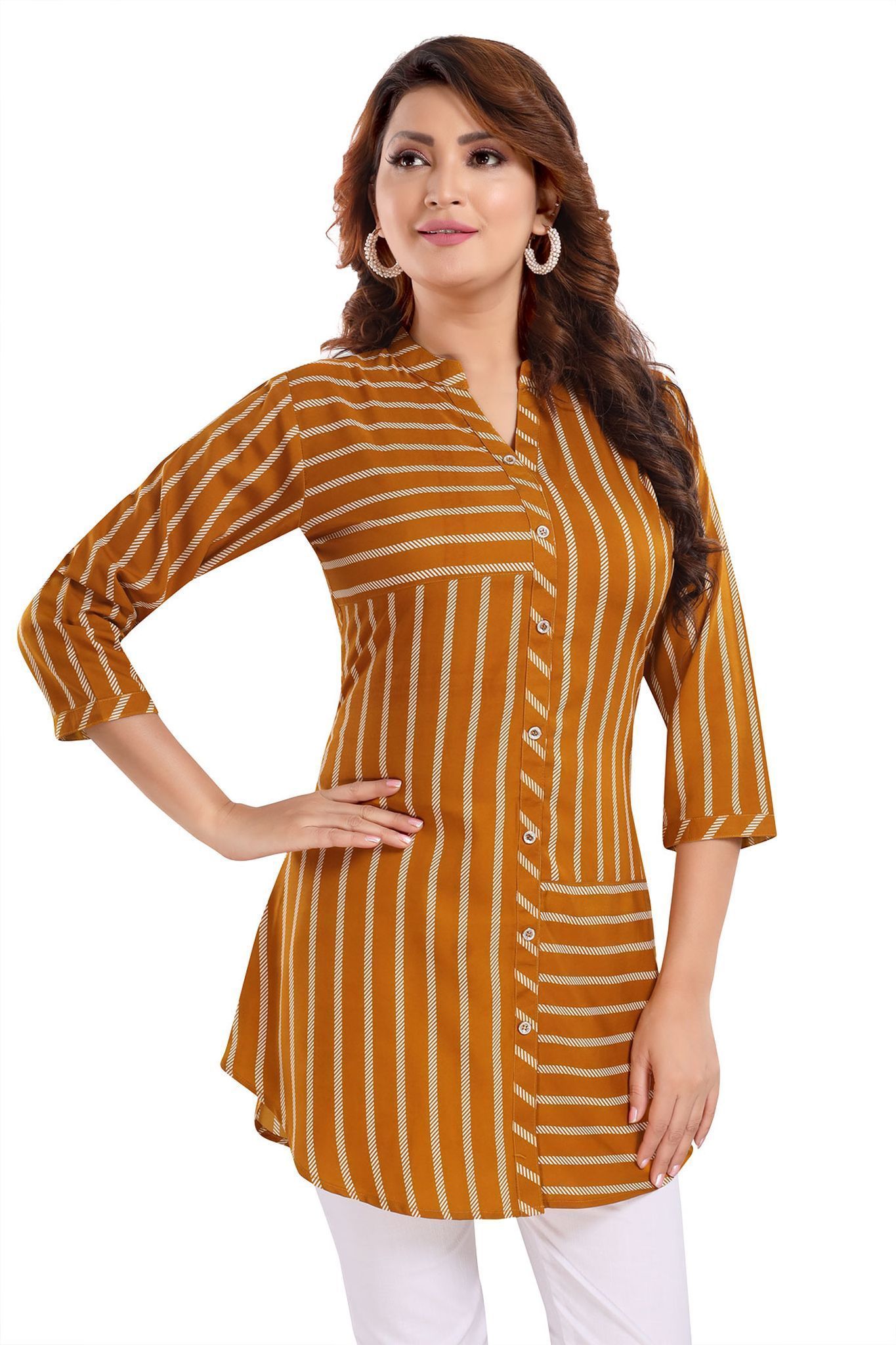 Chic Mustard Color Button Down Polyester Crepe Short Tunic Top For Women By Bloomkart