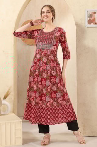 Maroon Jaipuri Cotton Print Anarkali For Women With Zari Embroidery By Bloomkart