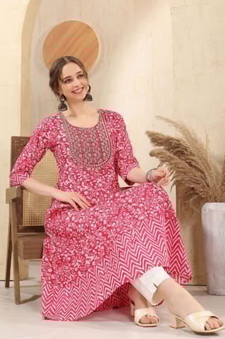 Pink Jaipuri Cotton Print Anarkali For Women With Zari Embroidery By Bloomkart