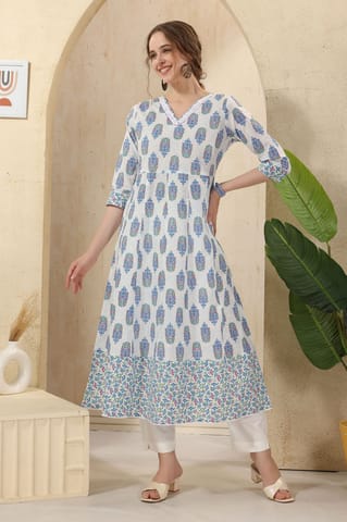 White Jaipuri Cotton Print Anarkali For Women With Laces Embellishment By Bloomkart