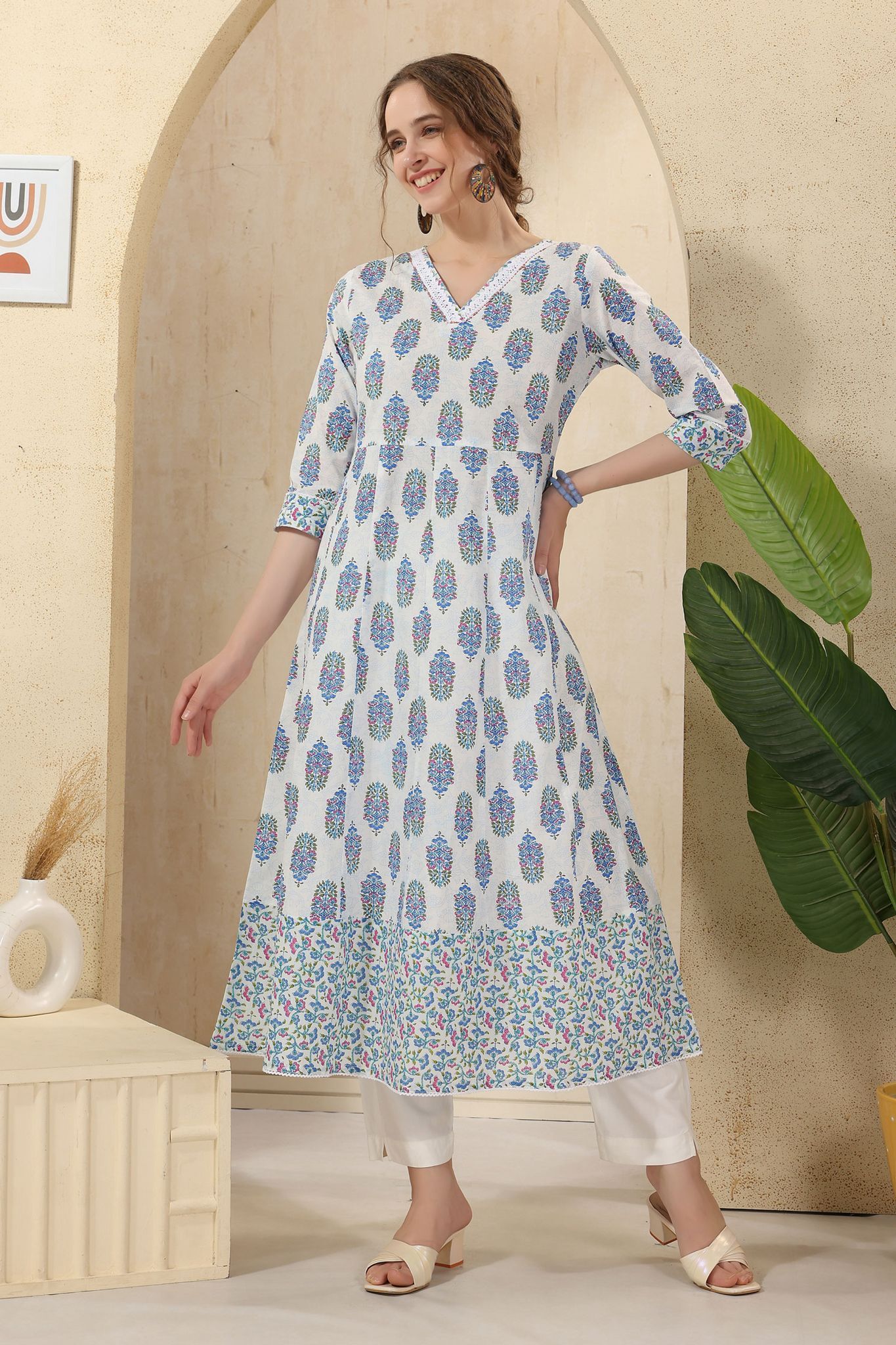 White Jaipuri Cotton Print Anarkali For Women With Laces Embellishment By Bloomkart