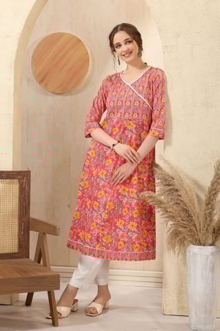 Tomato Jaipuri Cotton Print Anarkali For Women With Laces Embellishment By Bloomkart