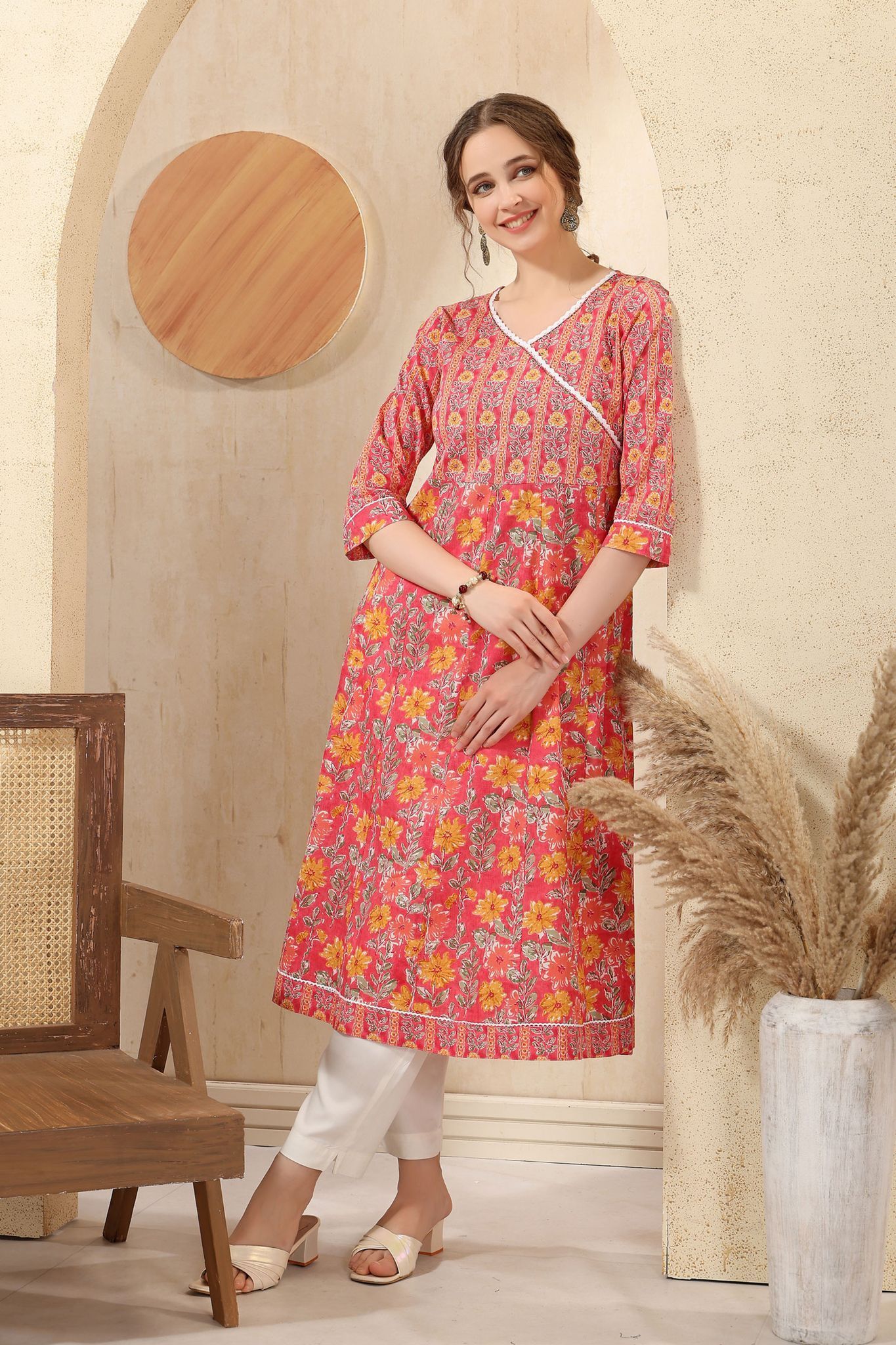 Tomato Jaipuri Cotton Print Anarkali For Women With Laces Embellishment By Bloomkart