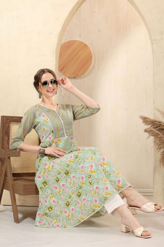 Sea Green Jaipuri Cotton Print Anarkali For Women With Laces Embellishment By Bloomkart