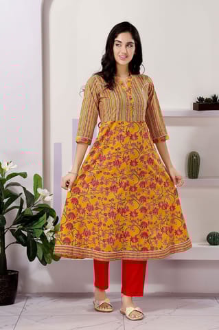 Fashionable Yellow Anarkali Kurti In Cotton With Mixed Print Patterns By Bloomkart