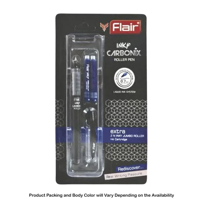 Flair Inky Carbonix Liquid Ink Roller Pen, Blue Ink, 2 Roller Ink Cartridges For School, Office, Home