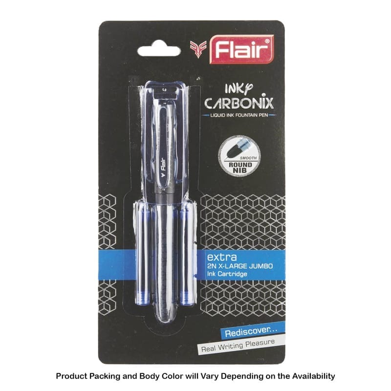 Flair Inky Carbonix Liquid Ink Fountain Pen, Blue Ink, 2 Ink Cartridges For School, Office, Home