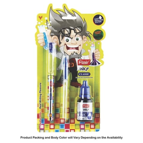 Flair Inky Classic Liquid Ink Fountain Pen, Blue Ink, 1 Ink Bottle For School, Office, Home