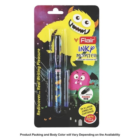 Flair Inky Monster Liquid Ink Fountain Pen, Blue Ink, 2 Ink Cartridges For School, Office, Home