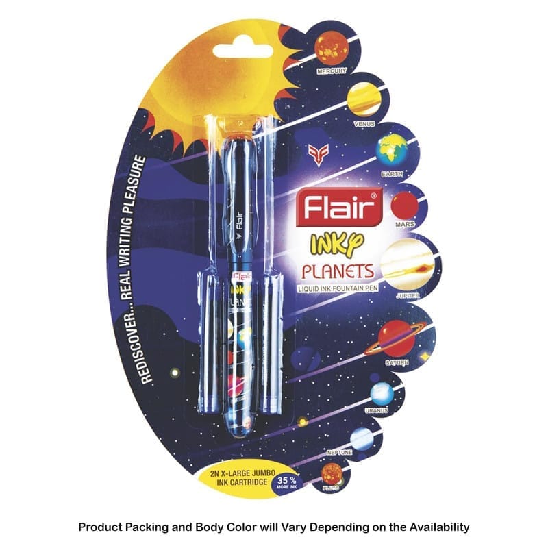 Flair Inky Planets Liquid Ink Fountain Pen, Blue Ink, 2 Ink Cartridges For School, Office, Home