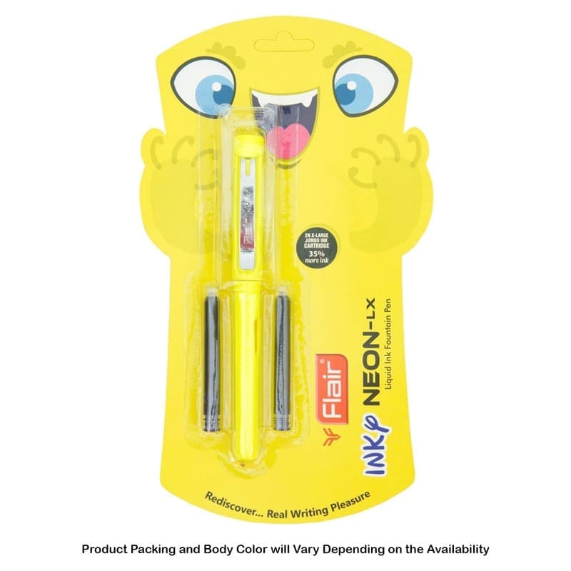 Flair Inky Neon - LX Liquid Ink Fountain Pen, Blue Ink, 2 Ink Cartridges For School, Office, Home
