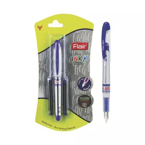 Flair Inky Liquid Ink Fountain Pen, Blue Ink, 2 Ink Cartridges For School, Office, Home