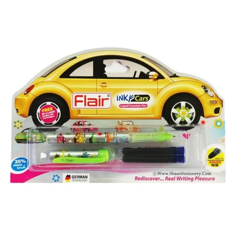 Flair Inky Car Liquid Ink Fountain Pen, Blue Ink, 2 Ink Cartridges For School, Office, Home