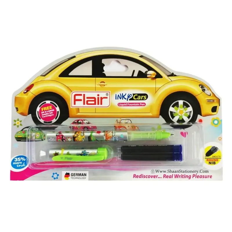 Flair Inky Car Liquid Ink Fountain Pen, Blue Ink, 2 Ink Cartridges For School, Office, Home