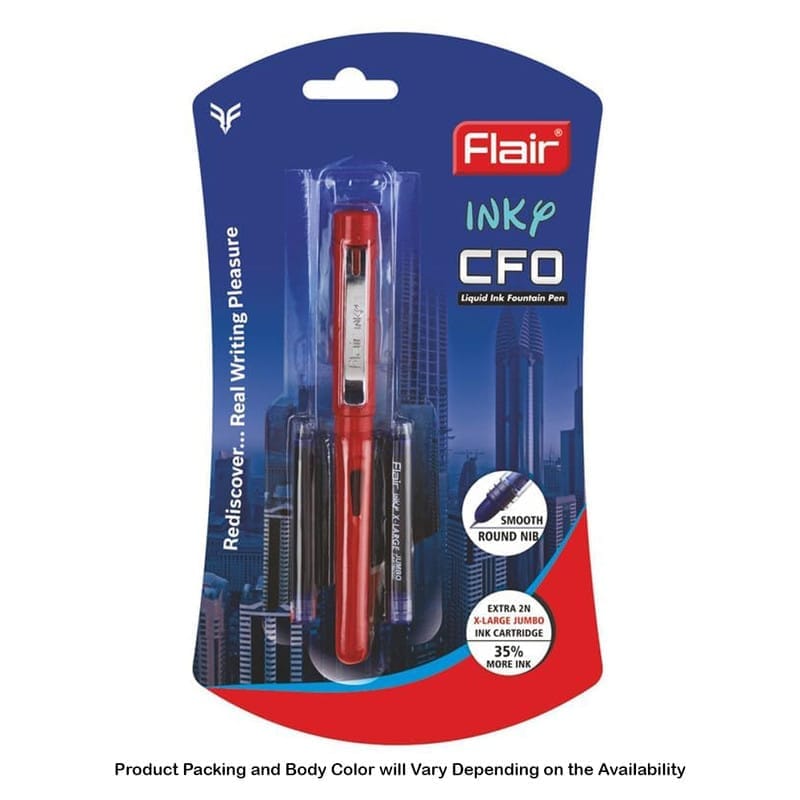 Flair Inky CFO Liquid Ink Fountain Pen, Blue Ink, 2 Ink Cartridges For School, Office, Home