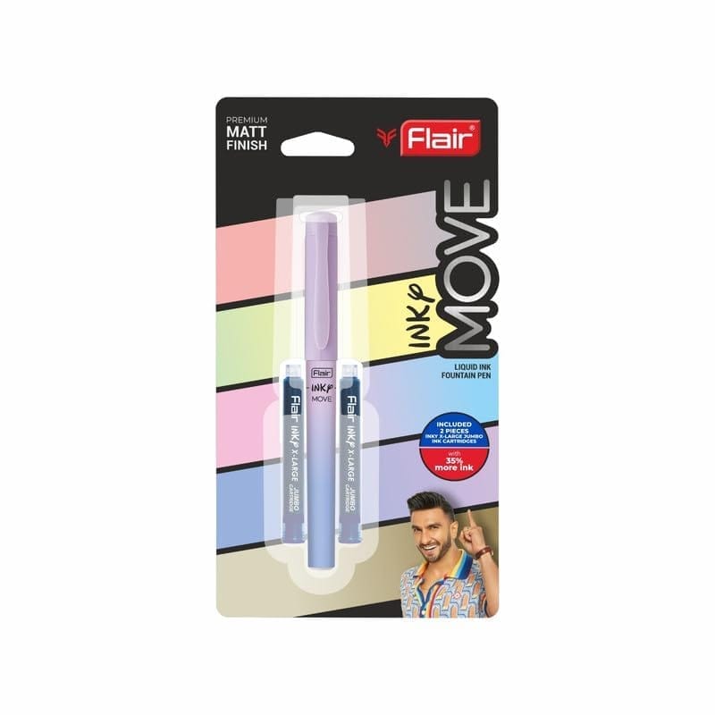 Flair Inky Move Liquid Ink Fountain Pen, Blue Ink, 2 Ink Cartridges For School, Office, Home