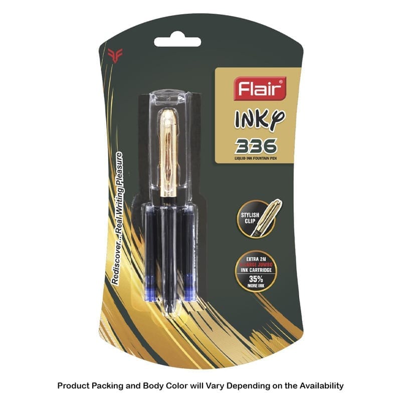 Flair Inky 336 Liquid Ink Fountain Pen, Blue Ink, 2 Ink Cartridges For School, Office, Home