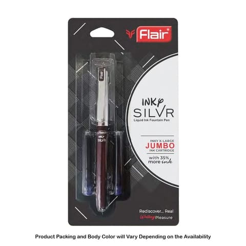 Flair Inky Silver Liquid Ink Fountain Pen, Blue Ink, 2 Ink Cartridges For School, Office, Home