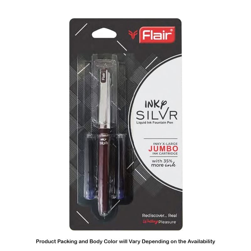 Flair Inky Silver Liquid Ink Fountain Pen, Blue Ink, 2 Ink Cartridges For School, Office, Home
