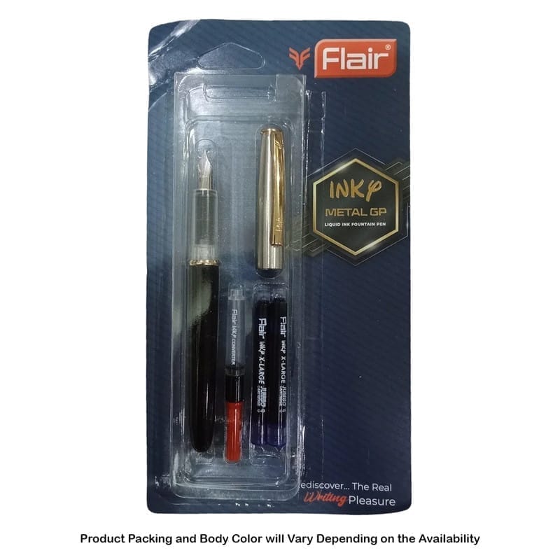 Flair Inky Metal GP Liquid Ink Fountain Pen, Blue Ink, 3 Ink Cartridges, 1 Ink converter For School, Office, Home
