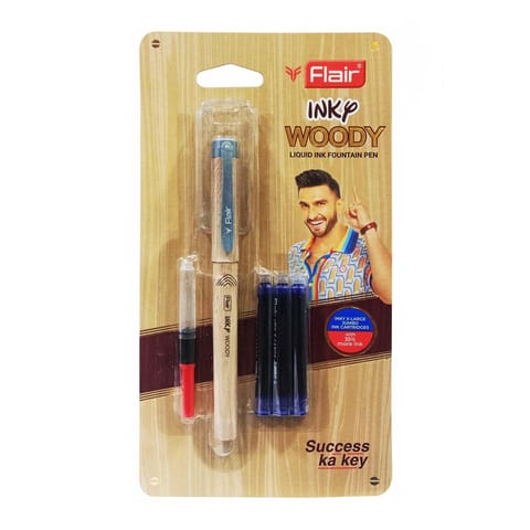 Flair Inky Woody Liquid Ink Fountain Pen, Blue Ink, 3 Ink Cartridges, 1 Ink Converter For School, Office, Home