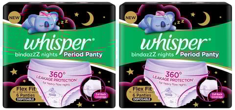 Whisper Bindazzz Night Period Panty|6 M-L Panties|Upto 0% Leaks|360 Degree Leakage Protection|Full Back Coverage|Suitable for Heavy Flow|Flex fit|Soft & Comfortable|with Disposable wrap (Pack of 2)